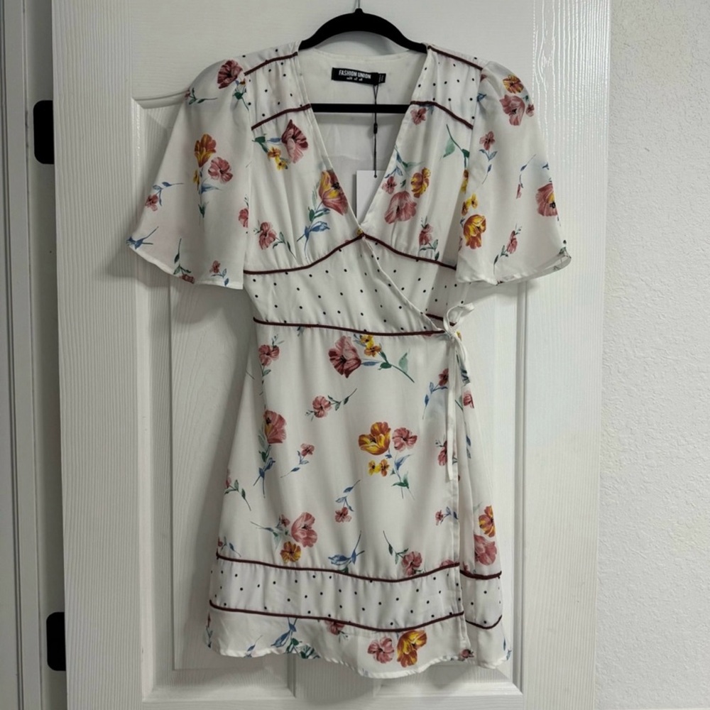 Floral Wrap Dress in White with Multicolor Accents